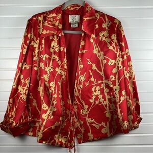 ICE Red 100%Silk Open cardigan jacket with Tie in Front  Size Large red& Gold